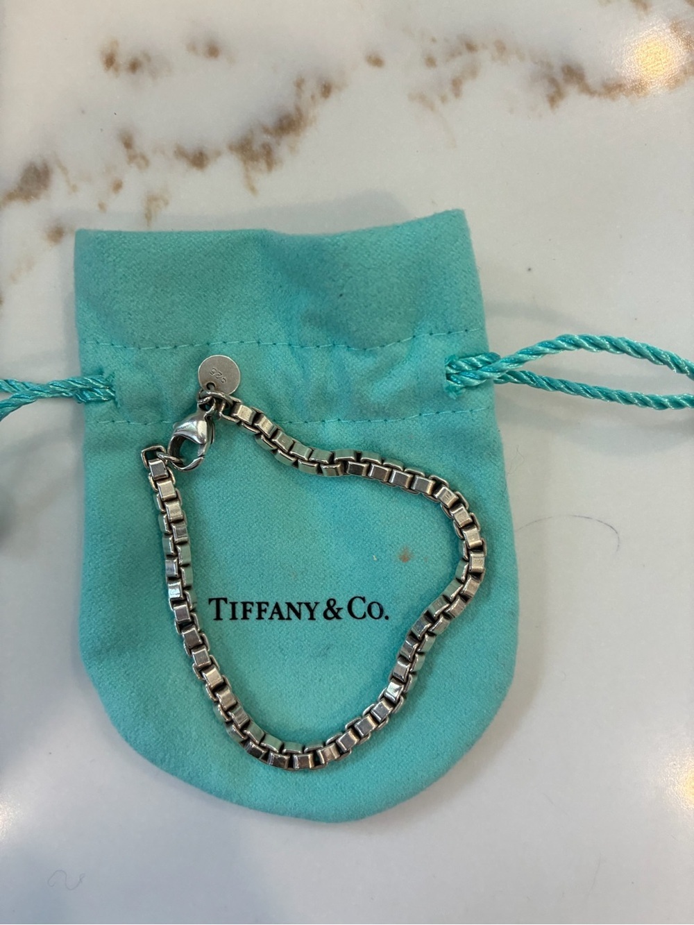 Tiffany & Co. Sterling Silver Box Chain Bracelet with Aqua Pouch